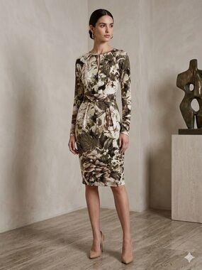 Jennifer Lopez Olive & Cream Floral Long-Sleeve Sheath Dress